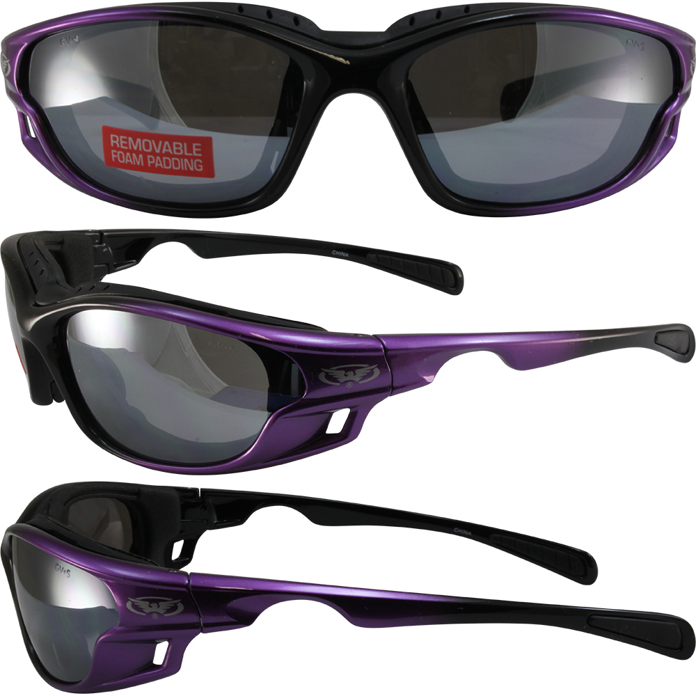 Womens Padded Motorcycle Riding Glasses Purple Frame Flash Mirror Lens